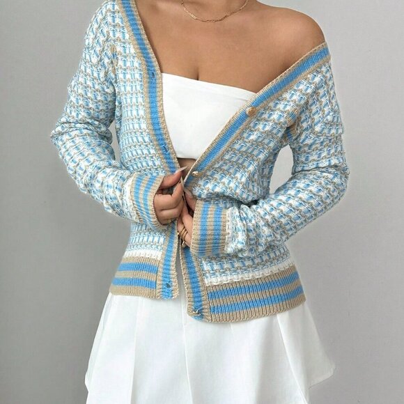 Light Blue Casual Women's Contrast Color Casual Long Sleeve Cardigan - Picture 5 of 5